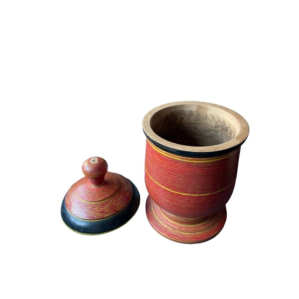Vintage Wood Tika Box Spice Box Tea Box Hand Carved Lacquer Painted Ring Designs - Picture 2 of 5